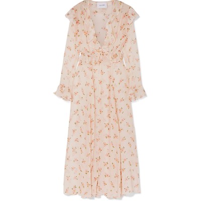 Marlowe Ruffled Floral-print Silk-Chiffon Robe from We Are Leone