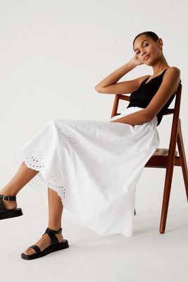 Pure Cotton Broderie Midi Tiered Skirt from Marks & Spencer