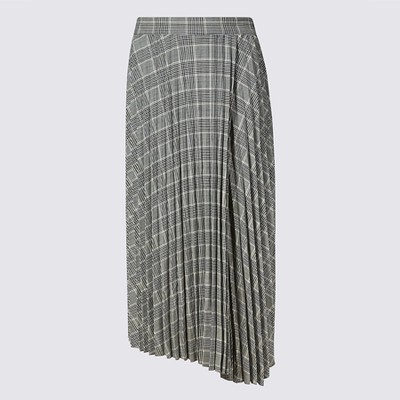 Checked Asymmetric Pleated Midi Skirt