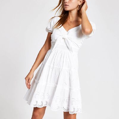 White Embroidered Bow Front Dress