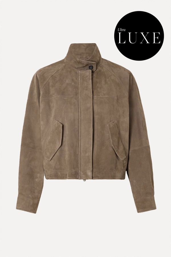 Cropped Bead-Embellished Suede Jacket from Brunello Cucinelli