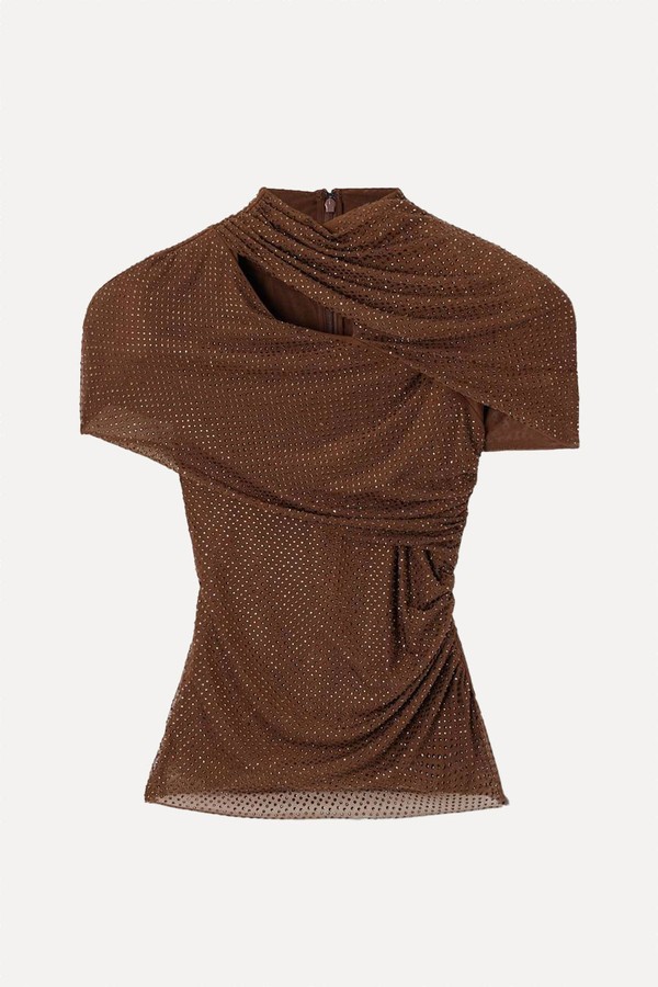 Gathered Cutout Crystal-Embellished Mesh Top from Self-Portrait