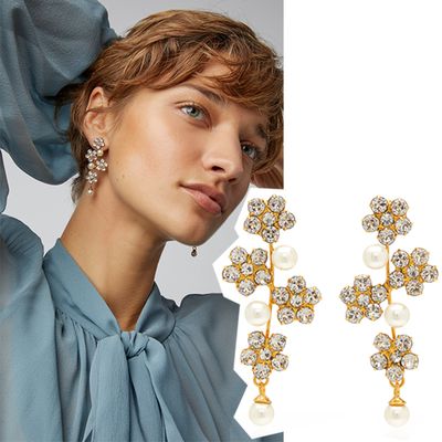 Jennifer Behr Gold, Crystal And Pearl Flower Drop Earrings
