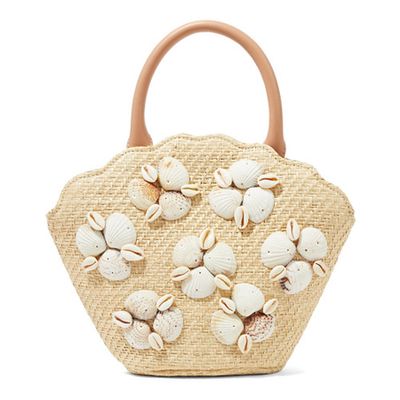 Aria Leather-Trimmed Shell-Embellished Woven Straw Tote from Loeffler Randall