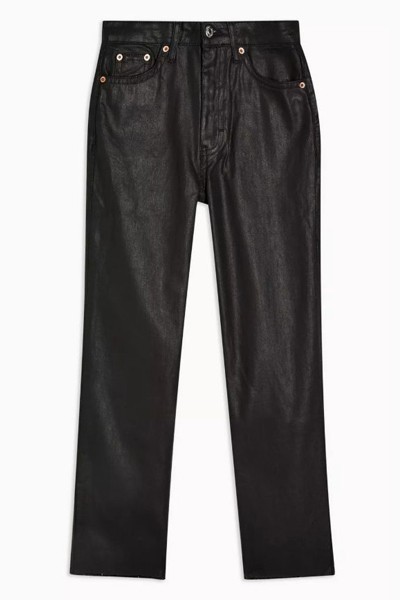 Black Coated Raw Hem Straight Jeans