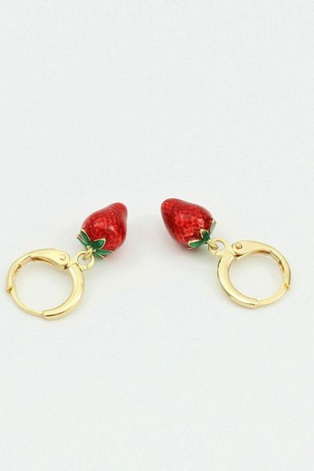 Strawberry Fruit Charm Huggie Hoop Earrings with Enameled Fruit Charms from Detail London