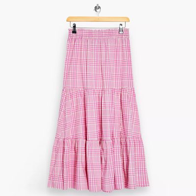 Pink Check Tiered Midi Skirt