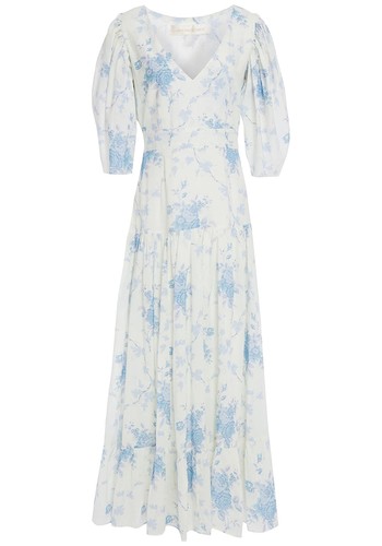 Lenny Fluted Floral-Print Cotton Voile Maxi Dress