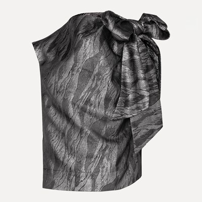 Bow-Detailed Draped Metallic Jacquard Top from Ganni