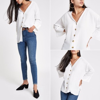 White Button Front Bar Back Blouse