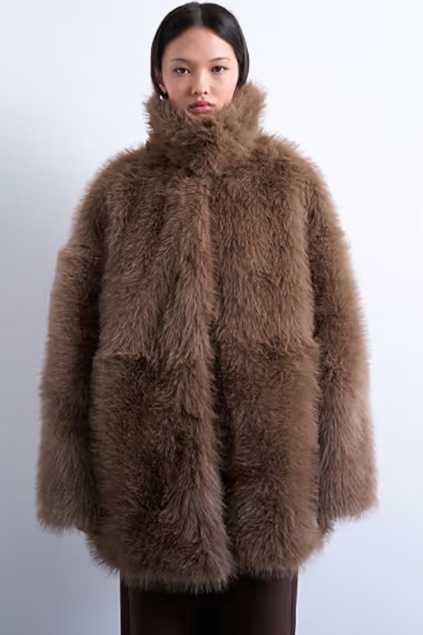 Faux Fur Funnel Neck Mid Length Coat 