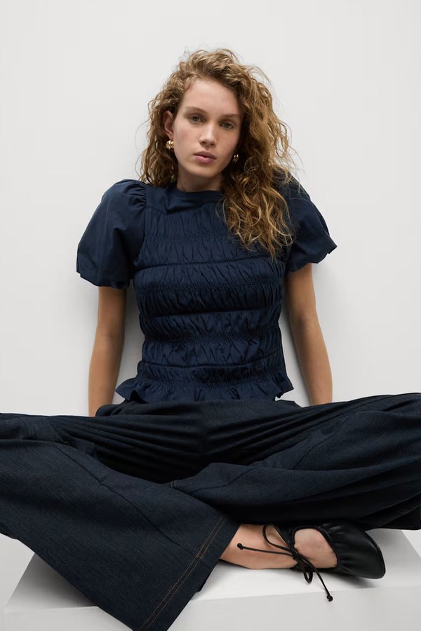Pure Cotton Jersey Smocked Puff Sleeve Top from Marks & Spencer
