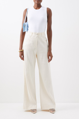 Belted Linen-Blend Flared-Leg Trousers from Frame