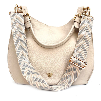 The Harriet Stone Leather Bag With Patterned Strap