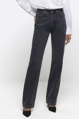Black Embellished Stove Pipe Straight Jeans from River Island