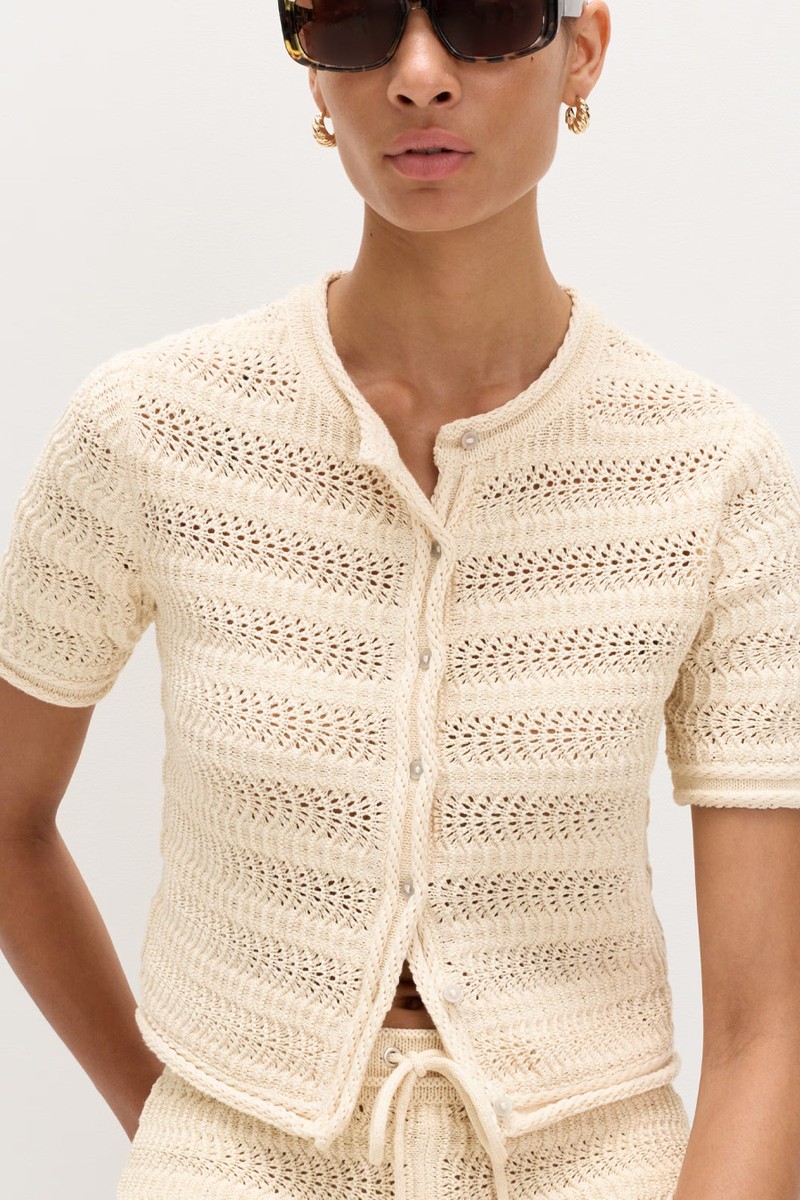Cotton Blend Textured Cropped Cardigan