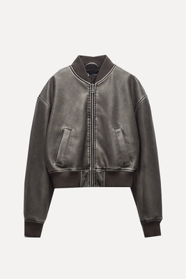 Worn Effect Leather Effect Bomber Jacket from Zara