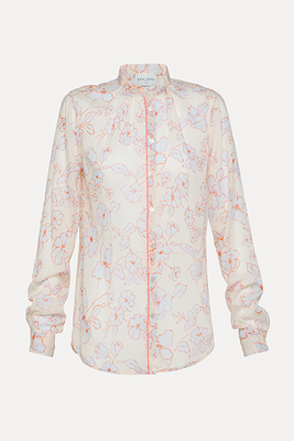 Silk And Cotton Voile Granddad Collar Shirt With "True-Colors" Print