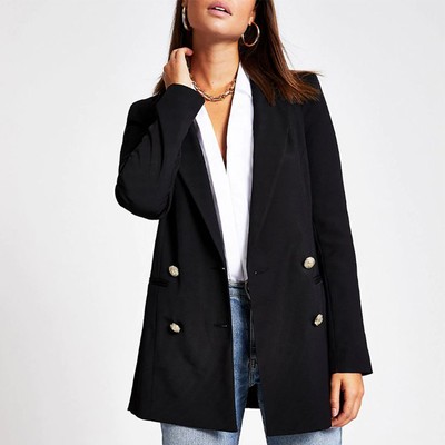 Black Double Breasted Twill Blazer