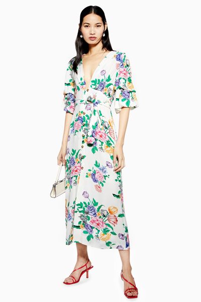 White Floral Plunge Midi Dress