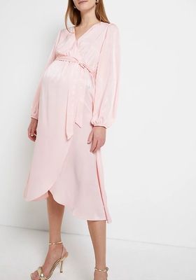 Pink Satin Maternity Wrap Dress