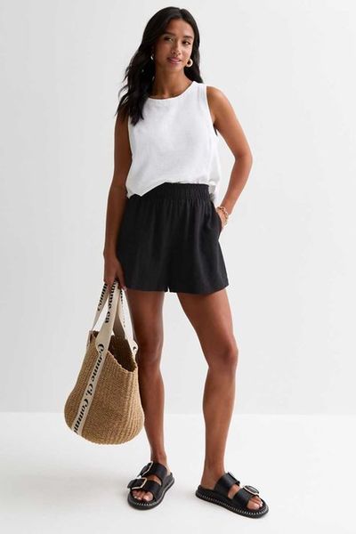 Black Linen-Blend Shorts