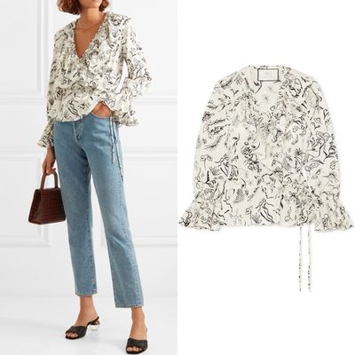 Ruffled Printed Cotton-Voile Wrap Blouse from Rixo London
