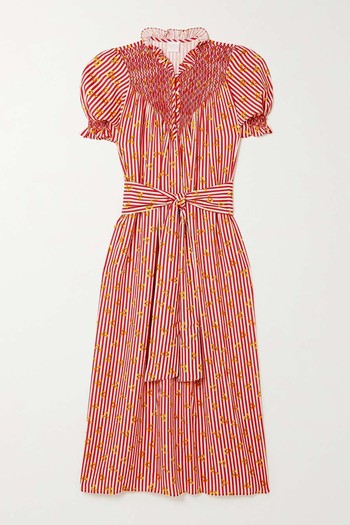 Elena Belted Smocked Printed Poplin Maxi Dress from Loretta Caponi