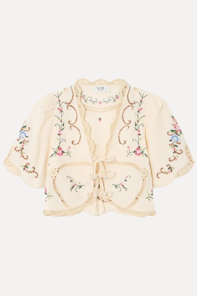 Edwina Cropped Crochet Trimmed Cotton & Linen Blend Top from Sea