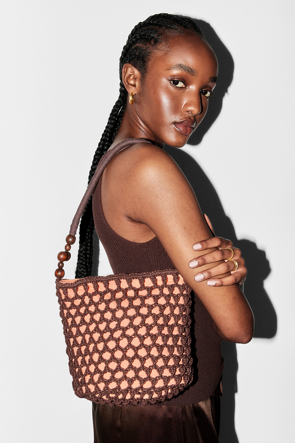 Bead-Detail Crocheted Bucket Bag