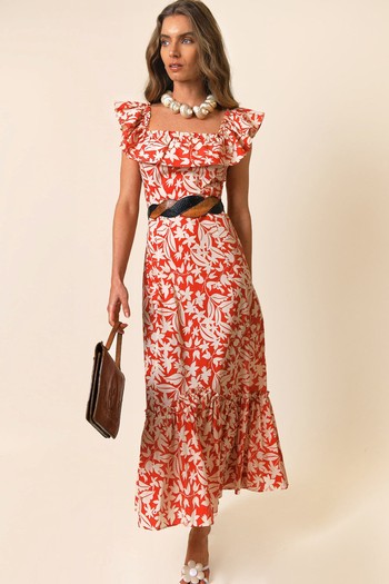 June Tomato Palm Midi Dress With Ruffle Neckline