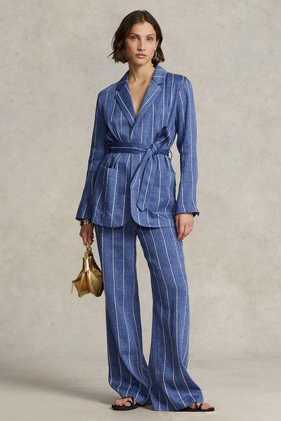 Striped Belted Linen-Cotton Blazer