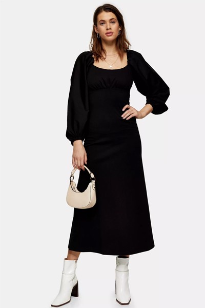 Black Poplin Mix Midi Dress