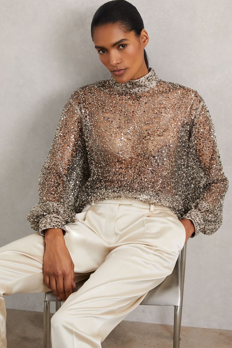 Sienna High-Neck Embellished Top from Reiss