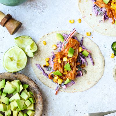 Pulled Jackfruit Tacos with Chipotle, Charred Corn & Coleslaw
