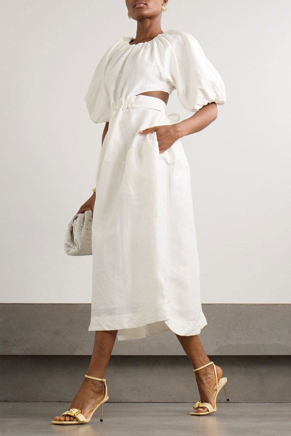 Mimosa Cutout Gathered Linen-Blend Midi Dress from AJE.