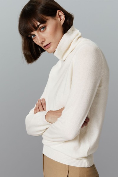 Cream Pure Cashmere Roll Neck Jumper