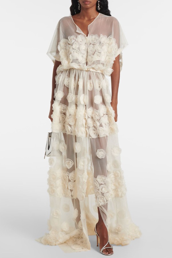 Floral-Appliqué Belted Sheer Gown from Norma Kamali