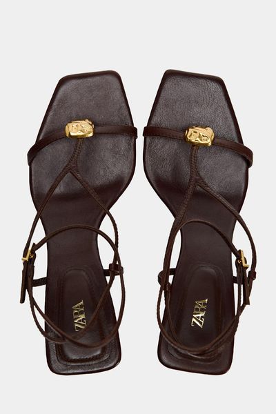 Leather Heeled Sandals With Straps & Embellishment