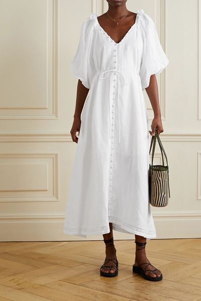 Gabriella Lace-Trimmed Linen Midi Dress