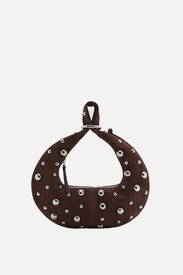 Leather Handbag With Metallic-Balls Appliqué