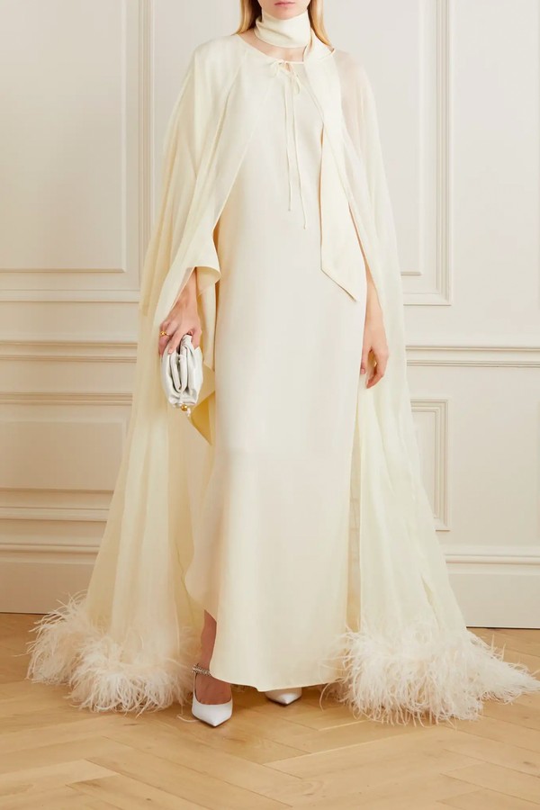Grace Feather-Trimmed Silk-Chiffon Cape from Taller Marmo