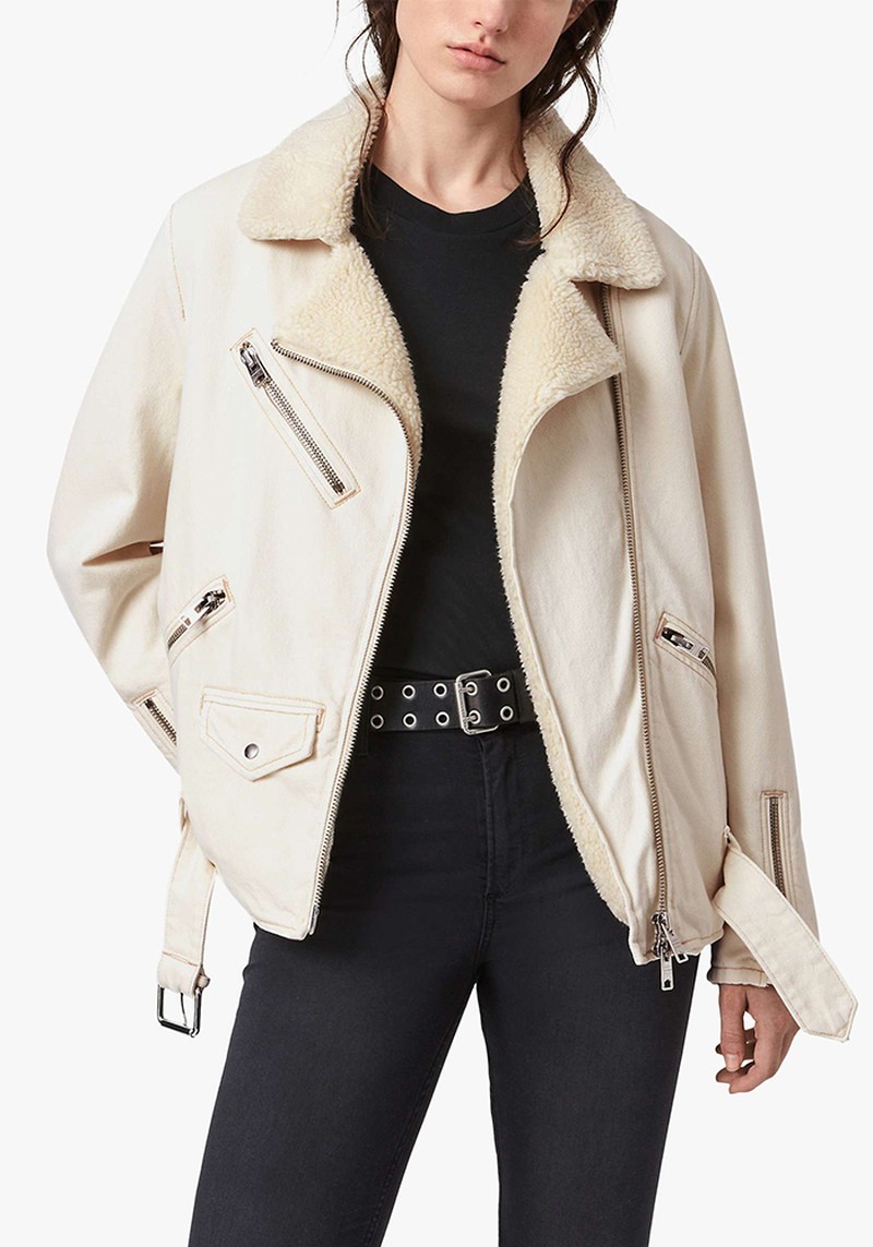 Oversized Sherpa-Lined Denim Biker Jacket from AllSaints