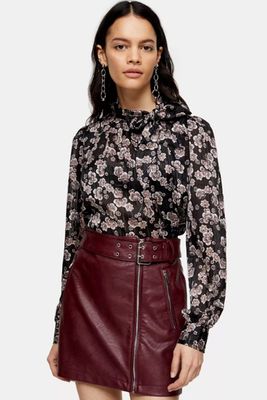Black Floral Printed Pussybow Blouse from Topshop