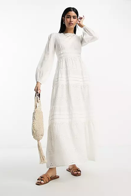 Broderie & Pin Tucks Long Sleeve Tiered Maxi Tea Dress from ASOS DESIGN