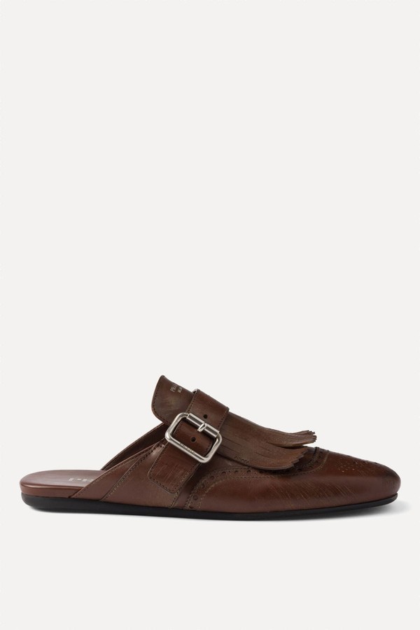 Leather Fringed Shuffle Mules from Prada