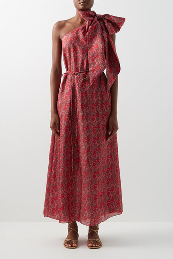 Bay Shoulder-Bow Floral-Print Habotai Silk Dress from Wiggy Kit