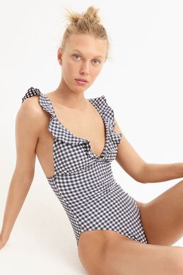 Ruffle Plunging V-Neck Swimsuit In Puckered Gingham