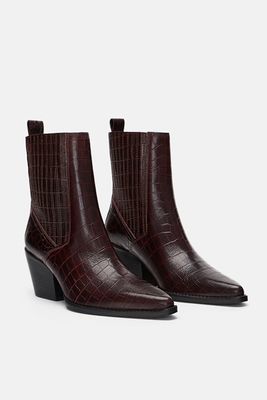 Mock Crock Print Leather Ankle Boots from Zara