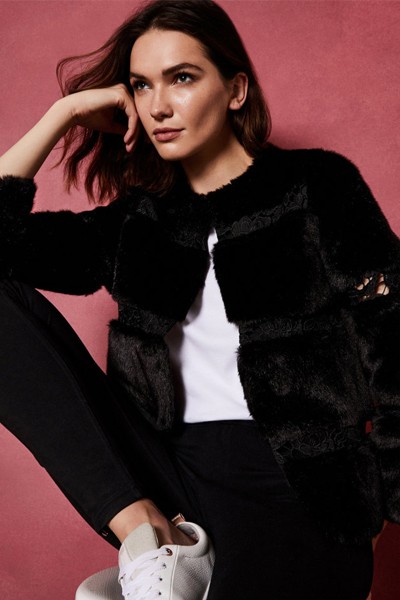 Caarool Faux Fur Lace Panel Detail Jacket